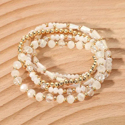 Fashnzfab 5pcs - Mixed Beaded Stretch Multi Layered Bracelets In White