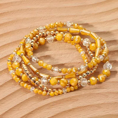 Fashnzfab 5pcs - Mixed Beaded Stretch Multi Layered Bracelets In Yellow