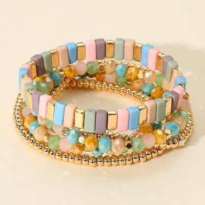 Fashnzfab 5pcs - Mixed Shape Textured Beaded Stretch Multi Layered Bracelets