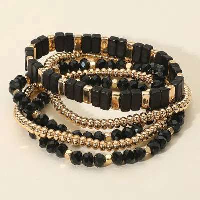 Fashnzfab 5pcs - Mixed Shape Textured Beaded Stretch Multi Layered Bracelets In Black