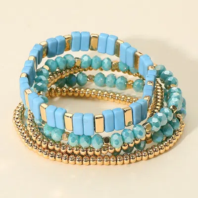 Fashnzfab 5pcs - Mixed Shape Textured Beaded Stretch Multi Layered Bracelets In Blue