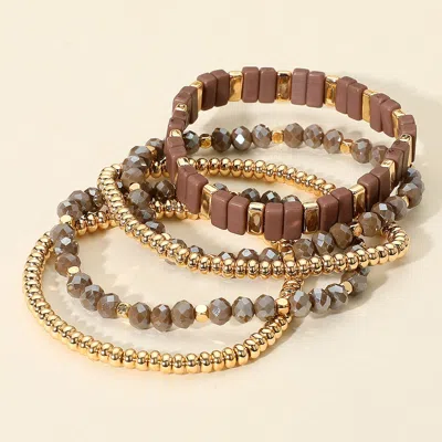 Fashnzfab 5pcs - Mixed Shape Textured Beaded Stretch Multi Layered Bracelets In Brown
