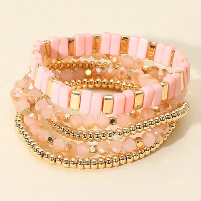 Fashnzfab 5pcs - Mixed Shape Textured Beaded Stretch Multi Layered Bracelets Dust Pink