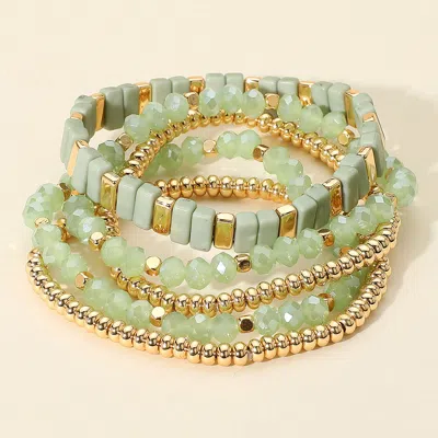 Fashnzfab 5pcs - Mixed Shape Textured Beaded Stretch Multi Layered Bracelets In Green