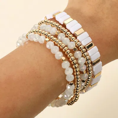 Fashnzfab 5pcs - Mixed Shape Textured Beaded Stretch Multi Layered Bracelets In White