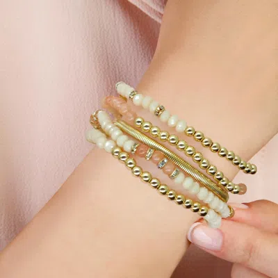 Fashnzfab 5pcs - Multi Beads Stretch Snake Chain Multi Layered Bracelets In Pink