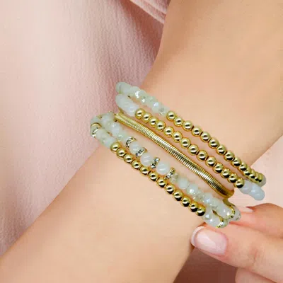 Fashnzfab 5pcs - Multi Beads Stretch Snake Chain Multi Layered Bracelets In White