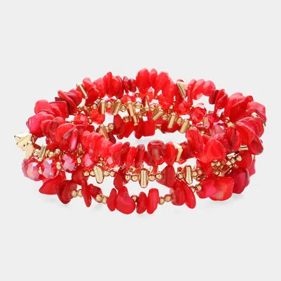 Fashnzfab 5pcs - Natural Stone Beaded Multi Layered Stretch Bracelets In Red