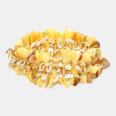 Fashnzfab 5pcs - Natural Stone Beaded Multi Layered Stretch Bracelets Mustard In Yellow