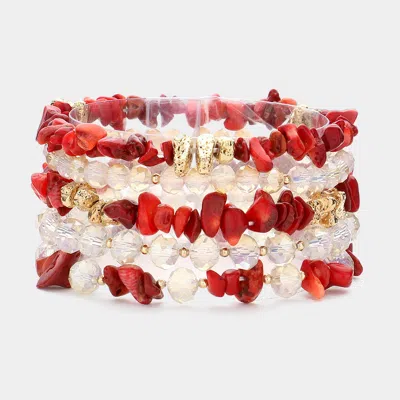Fashnzfab 5pcs - Natural Stone Faceted Beaded Stretch Multi Layered Bracelets In White