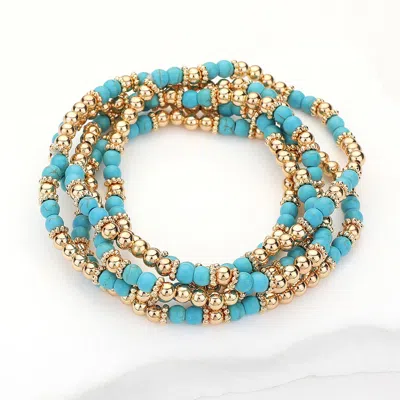 Fashnzfab 5pcs - Natural Stone Metal Ball Beaded Stretch Multi Layered Bracelets