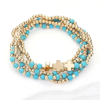 Fashnzfab 5pcs - Natural Stone Metal Cross Ball Beaded Stretch Multi Layered Bracelets