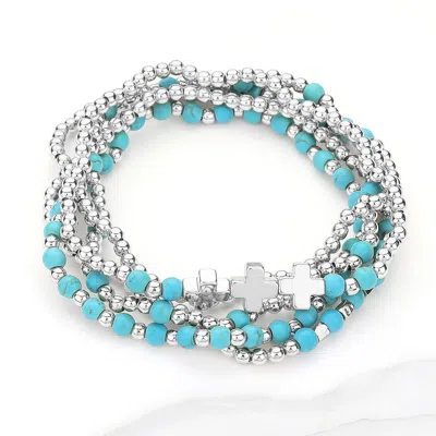 FASHNZFAB 5PCS - NATURAL STONE METAL CROSS BALL BEADED STRETCH MULTI LAYERED BRACELETS RHODIUM, TURQUOISE