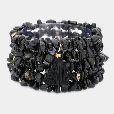 Fashnzfab 5pcs - Natural Stone Tassel Multi Layered Bracelets In Black