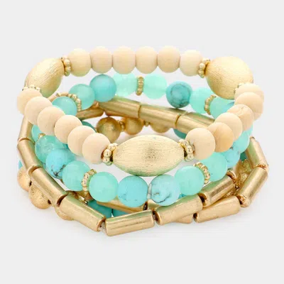 Fashnzfab 5pcs - Natural Stone Wood Beaded Stretch Bracelets In Blue