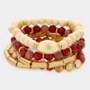 Fashnzfab 5pcs - Natural Stone Wood Beaded Stretch Bracelets In Red