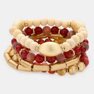 Fashnzfab 5pcs - Natural Stone Wood Beaded Stretch Bracelets In Red