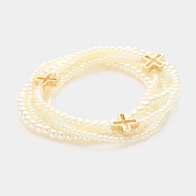Fashnzfab 5pcs - Open Metal Cross Pointed Pearl Beaded Stretch Multi Layered Bracelets