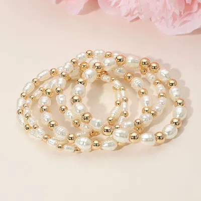 Fashnzfab 5pcs - Organic Shaped Pearl Metal Ball Beaded Stretch Multi Layered Bracelets