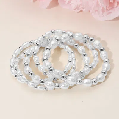 Fashnzfab 5pcs - Organic Shaped Pearl Metal Ball Beaded Stretch Multi Layered Bracelets Rhodium, White