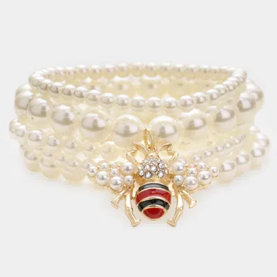 Fashnzfab 5pcs - Pearl Honey Bee Charm Stretch Bracelets In White