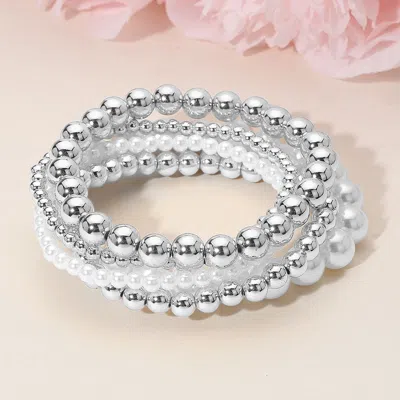 Fashnzfab 5pcs - Pearl Metal Ball Beaded Stretch Multi Layered Bracelets