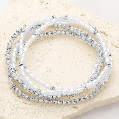 Fashnzfab 5pcs - Pearl Metal Ball Beaded Stretch Multi Layered Bracelets