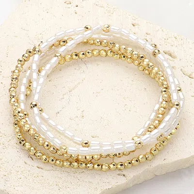 Fashnzfab 5pcs - Pearl Metal Ball Beaded Stretch Multi Layered Bracelets Cream, Gold