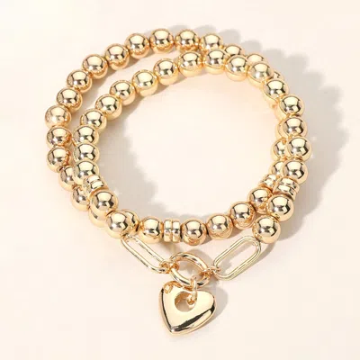 Fashnzfab 5pcs - Pearl Metal Ball Beaded Stretch Multi Layered Bracelets In Gold