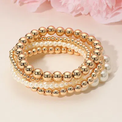 Fashnzfab 5pcs - Pearl Metal Ball Beaded Stretch Multi Layered Bracelets In Gold