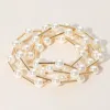 Fashnzfab 5pcs - Pearl Metal Bar Beaded Stretch Multi Layered Bracelets In Multi