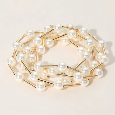 Fashnzfab 5pcs - Pearl Metal Bar Beaded Stretch Multi Layered Bracelets