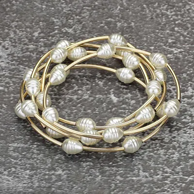 Fashnzfab 5pcs - Pearl Metal Bar Beaded Stretch Multi Layered Bracelets