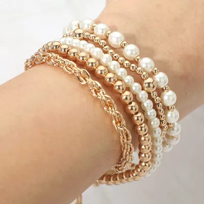 Fashnzfab 5pcs - Pearl Metal Beaded Twisted Chain Adjustable Stretch Multi Layered Bracelets In Gold