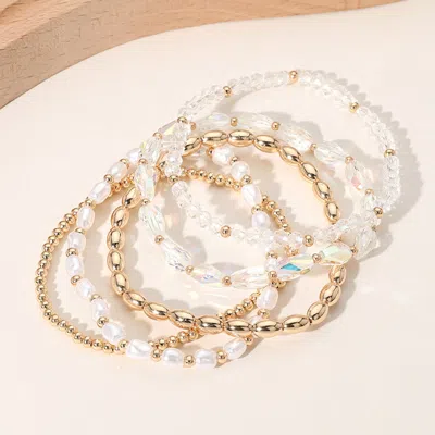 Fashnzfab 5pcs - Pearl Metal Faceted Beaded Stretch Multi Layered Bracelets