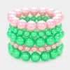 Fashnzfab 5pcs - Pearl Multi Layered Stretch Bracelets Pink & Green In Multi