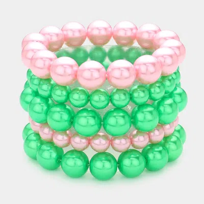 Fashnzfab 5pcs - Pearl Multi Layered Stretch Bracelets Pink & Green