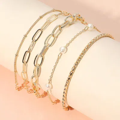 Fashnzfab 5pcs - Pearl Station Metal Chain Bracelet Set Gold