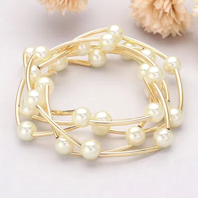 Fashnzfab 5pcs - Pearl Station Stretch Multi Layered Bracelets Cream, Gold
