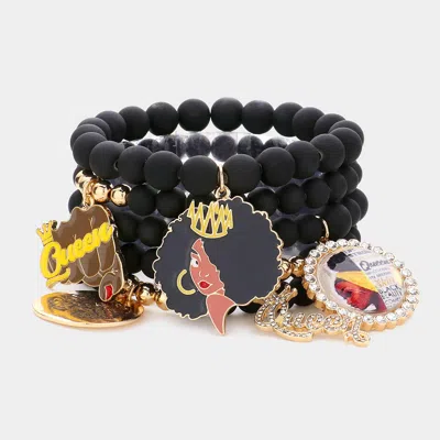 Fashnzfab 5pcs - Queen Message Afro Girl Charm Beaded Stretch Bracelets In Black