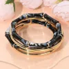 Fashnzfab 5pcs - Resin Bamboo Beaded Stretch Glossy Metal Bangle Stackable Multi Layered Bracelets Black, Gold In Multi