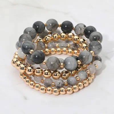 Fashnzfab 5pcs - Resin Metal Ball Beaded Stretch Multi Layered Bracelets In Gray