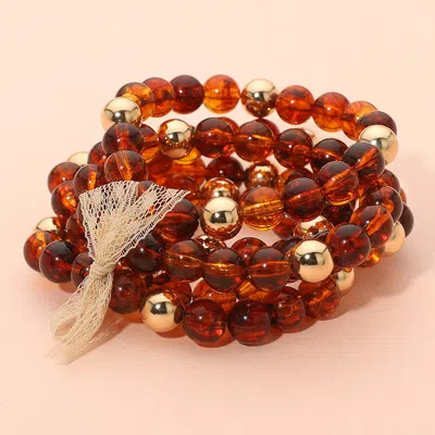 Fashnzfab 5pcs - Resin Metal Ball Beaded Stretch Multi Layered Bracelets In Brown