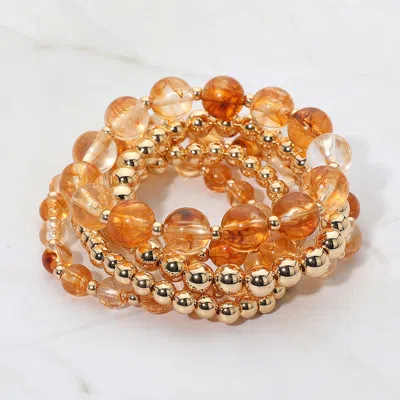 Fashnzfab 5pcs - Resin Metal Ball Beaded Stretch Multi Layered Bracelets In Burgundy