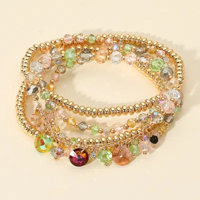 Fashnzfab 5pcs - Round Stone Charm Station Faceted Beaded Stretch Multi Layered Bracelets