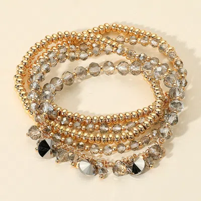 Fashnzfab 5pcs - Round Stone Charm Station Faceted Beaded Stretch Multi Layered Bracelets In Gray