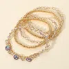 Fashnzfab 5pcs - Round Stone Charm Station Faceted Beaded Stretch Multi Layered Bracelets In Purple