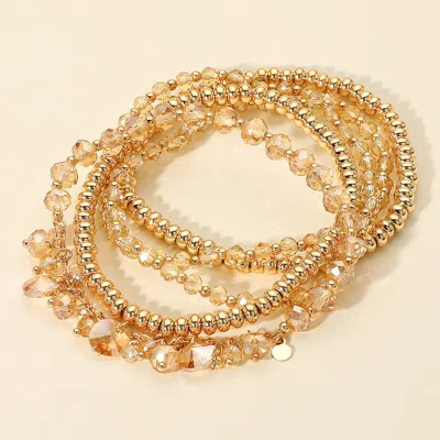 Fashnzfab 5pcs - Round Stone Charm Station Faceted Beaded Stretch Multi Layered Bracelets In White