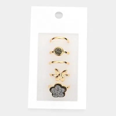 Fashnzfab 5pcs - Round Stone Metal Butterfly Druzy Flower Mixed Rings - Gold, Hematite