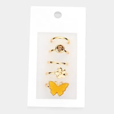 Fashnzfab 5pcs - Round Stone Metal Flower Druzy Butterfly Mixed Rings In Orange